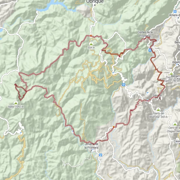Miniatura della mappa di ispirazione al ciclismo "Gravel Expedition to Mirador de Gaucin" nella regione di Andalucía, Spain. Generata da Tarmacs.app, pianificatore di rotte ciclistiche