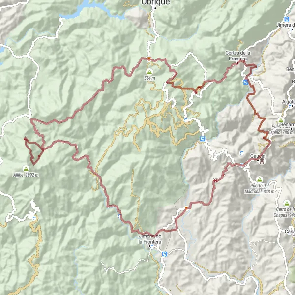 Miniaturní mapa "Z Gaucína a zpět: Gravel Cycling do La Sauceda a Castillo del Águila" inspirace pro cyklisty v oblasti Andalucía, Spain. Vytvořeno pomocí plánovače tras Tarmacs.app