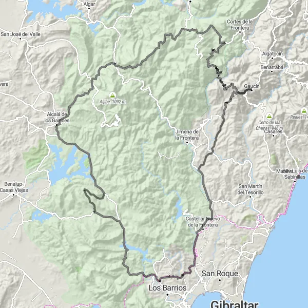 Map miniature of "Gaucín and Alcalá de los Gazules" cycling inspiration in Andalucía, Spain. Generated by Tarmacs.app cycling route planner