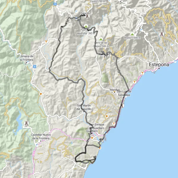 Miniatua del mapa de inspiración ciclista "Ruta en bicicleta por carretera Gaucín - San Luis de Sabinillas - Mirador Puerto de Ronda" en Andalucía, Spain. Generado por Tarmacs.app planificador de rutas ciclistas