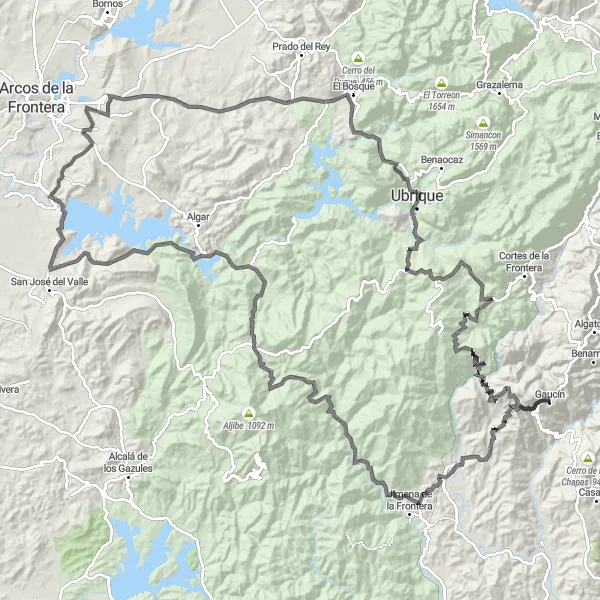 Miniatura della mappa di ispirazione al ciclismo "Road Adventure through Andalucía" nella regione di Andalucía, Spain. Generata da Tarmacs.app, pianificatore di rotte ciclistiche