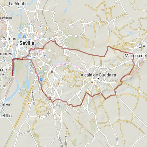 Miniatuurkaart van de fietsinspiratie "Gravelroute van Gelves naar Monte Gurugù" in Andalucía, Spain. Gemaakt door de Tarmacs.app fietsrouteplanner
