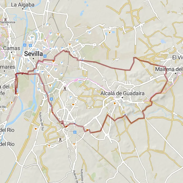 Map miniature of "Scenic Gravel Cycling Route from Gelves to Muralla-Acueducto" cycling inspiration in Andalucía, Spain. Generated by Tarmacs.app cycling route planner