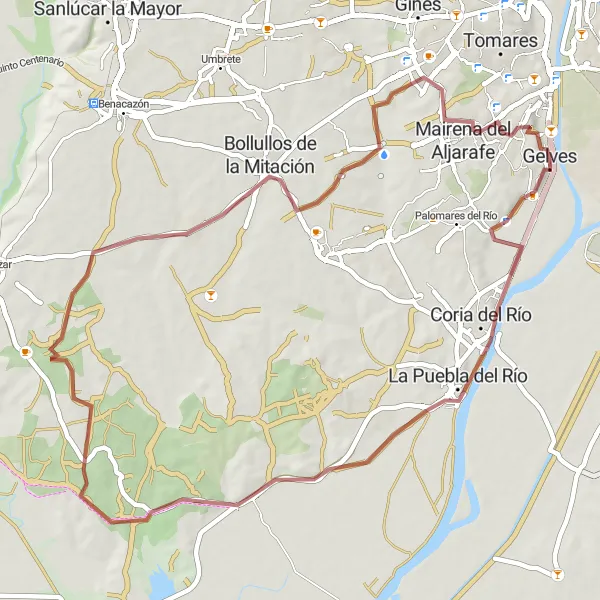 Miniatua del mapa de inspiración ciclista "Ruta de gravilla Gelves-La Puebla del Río-Mairena del Aljarafe" en Andalucía, Spain. Generado por Tarmacs.app planificador de rutas ciclistas