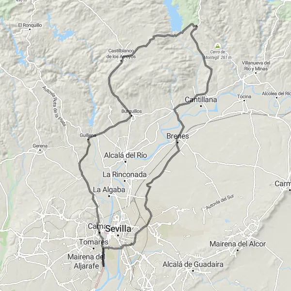 Map miniature of "Santiponce to Gelves Road Route" cycling inspiration in Andalucía, Spain. Generated by Tarmacs.app cycling route planner