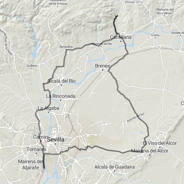 Miniatua del mapa de inspiración ciclista "Ruta de Gelves a Cerro-Amate" en Andalucía, Spain. Generado por Tarmacs.app planificador de rutas ciclistas