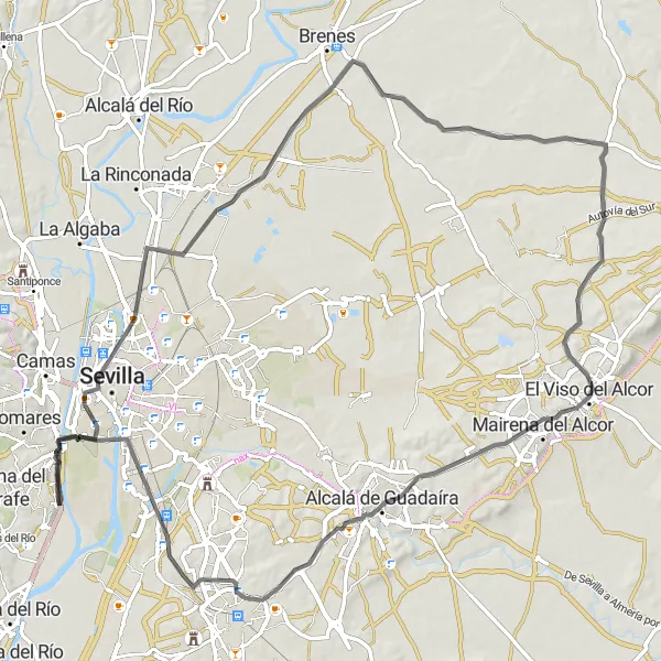 Map miniature of "Puerta Real to Gelves Road Route" cycling inspiration in Andalucía, Spain. Generated by Tarmacs.app cycling route planner