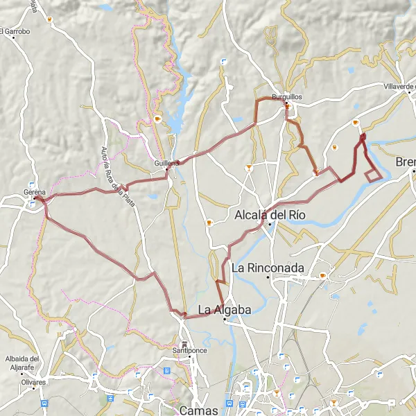 Map miniature of "Gravel Adventure to Alcalá del Río" cycling inspiration in Andalucía, Spain. Generated by Tarmacs.app cycling route planner