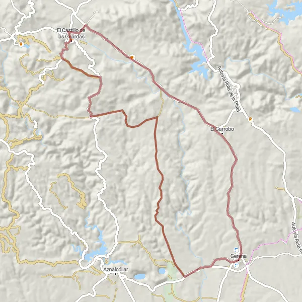 Miniatua del mapa de inspiración ciclista "Ruta en bicicleta de gravel desde Gerena" en Andalucía, Spain. Generado por Tarmacs.app planificador de rutas ciclistas