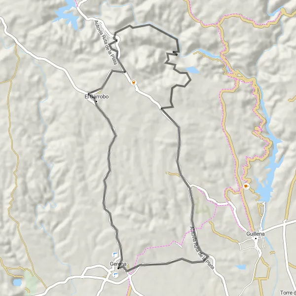 Miniaturní mapa "Cyklotrasa kolem Gereny" inspirace pro cyklisty v oblasti Andalucía, Spain. Vytvořeno pomocí plánovače tras Tarmacs.app
