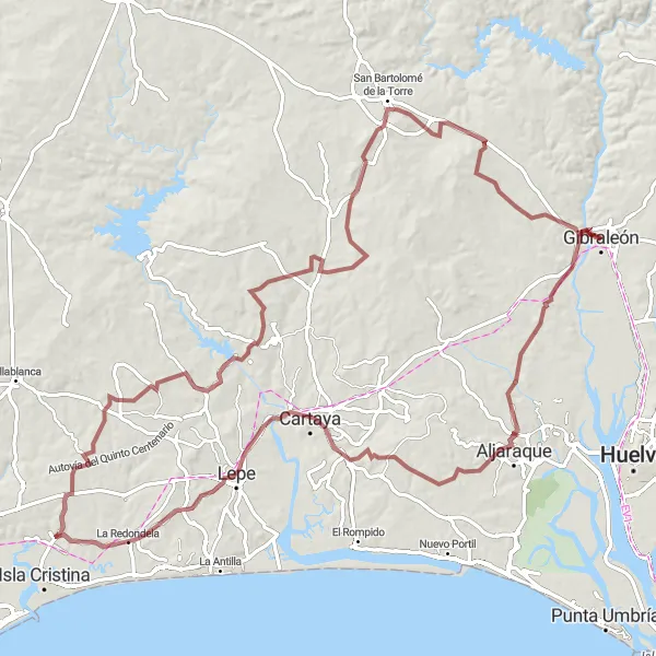 Miniatua del mapa de inspiración ciclista "Ruta por Los Pinares y Marismas" en Andalucía, Spain. Generado por Tarmacs.app planificador de rutas ciclistas