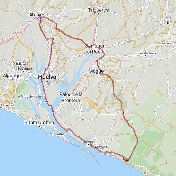 Miniaturní mapa "Scenic Gravel Route to Punta del Sebo" inspirace pro cyklisty v oblasti Andalucía, Spain. Vytvořeno pomocí plánovače tras Tarmacs.app