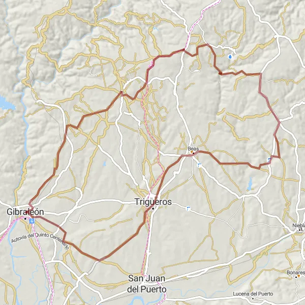 Miniaturní mapa "Exploring Beas and Trigueros by Gravel Bike" inspirace pro cyklisty v oblasti Andalucía, Spain. Vytvořeno pomocí plánovače tras Tarmacs.app