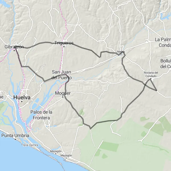 Miniaturní mapa "Road Trip to Moguer" inspirace pro cyklisty v oblasti Andalucía, Spain. Vytvořeno pomocí plánovače tras Tarmacs.app