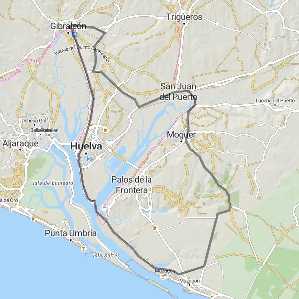 Miniatura della mappa di ispirazione al ciclismo "Ciclovia San Juan del Puerto - Gibraleón" nella regione di Andalucía, Spain. Generata da Tarmacs.app, pianificatore di rotte ciclistiche