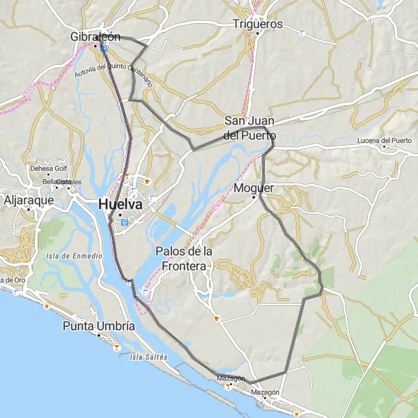 Map miniature of "Through the Coastal Marshes" cycling inspiration in Andalucía, Spain. Generated by Tarmacs.app cycling route planner