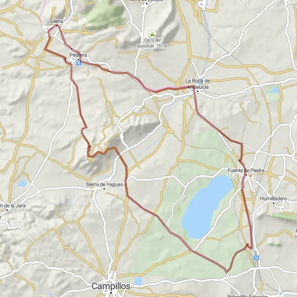 Miniatura della mappa di ispirazione al ciclismo "Giro in bicicletta da Gilena a Pedrera (gravel)" nella regione di Andalucía, Spain. Generata da Tarmacs.app, pianificatore di rotte ciclistiche