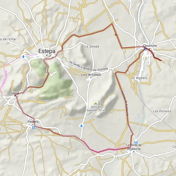 Map miniature of "Scenic Gravel Ride near Gilena" cycling inspiration in Andalucía, Spain. Generated by Tarmacs.app cycling route planner