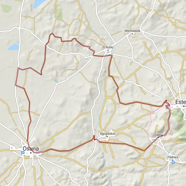 Map miniature of "Off-Road Adventure around Gilena" cycling inspiration in Andalucía, Spain. Generated by Tarmacs.app cycling route planner