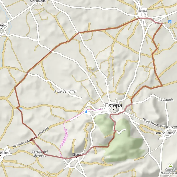 Map miniature of "Herrera and Gilena Gravel Adventure" cycling inspiration in Andalucía, Spain. Generated by Tarmacs.app cycling route planner