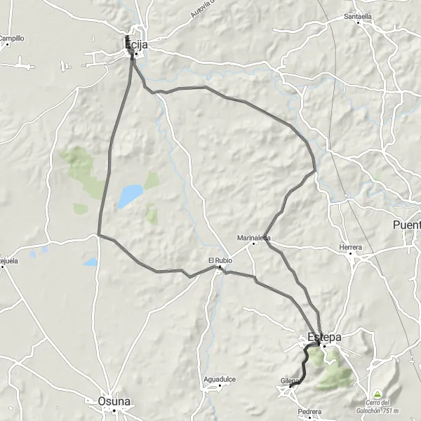 Map miniature of "Ecija and the Countryside Tour" cycling inspiration in Andalucía, Spain. Generated by Tarmacs.app cycling route planner