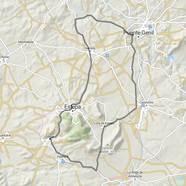 Miniatura della mappa di ispirazione al ciclismo "Giro in bicicletta da Gilena" nella regione di Andalucía, Spain. Generata da Tarmacs.app, pianificatore di rotte ciclistiche