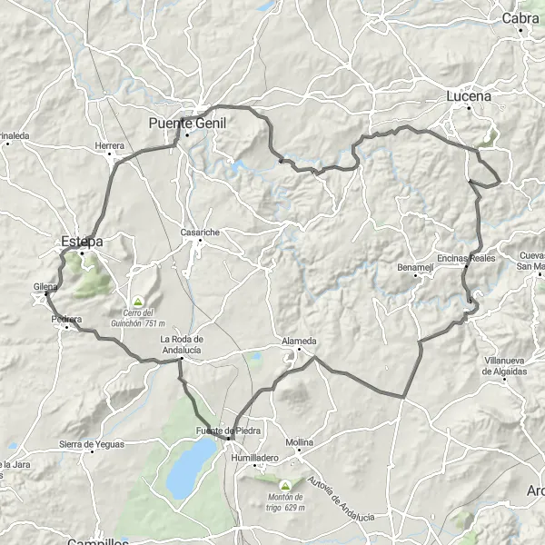 Map miniature of "Road Cycling Tour near Gilena" cycling inspiration in Andalucía, Spain. Generated by Tarmacs.app cycling route planner