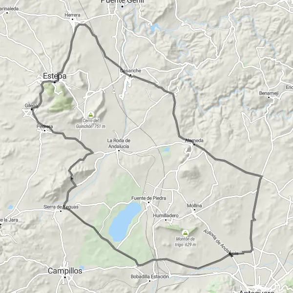Karten-Miniaturansicht der Radinspiration "Abenteuerliche Tour von Gilena nach Pedrera" in Andalucía, Spain. Erstellt vom Tarmacs.app-Routenplaner für Radtouren