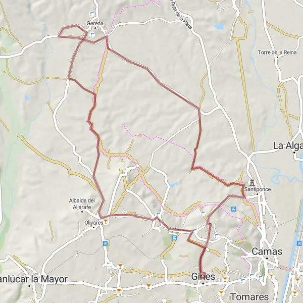 Miniaturní mapa "Štěrková cyklotrasa Olivares - Santiponce" inspirace pro cyklisty v oblasti Andalucía, Spain. Vytvořeno pomocí plánovače tras Tarmacs.app
