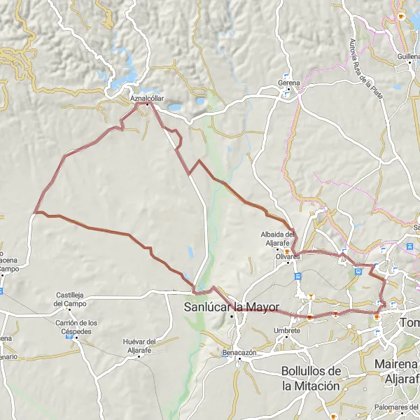 Miniatuurkaart van de fietsinspiratie "Gines - Sanlúcar la Mayor - Aldea de Tejada - Aznalcóllar - Salteras (Gravel)" in Andalucía, Spain. Gemaakt door de Tarmacs.app fietsrouteplanner