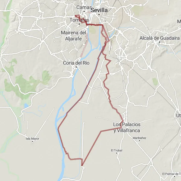 Miniatura della mappa di ispirazione al ciclismo "Gines - Monte Gurugù - Castilleja de la Cuesta - Gines" nella regione di Andalucía, Spain. Generata da Tarmacs.app, pianificatore di rotte ciclistiche