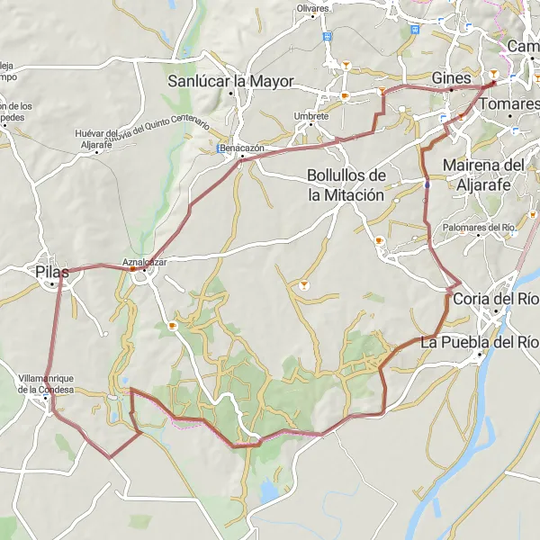 Miniatua del mapa de inspiración ciclista "Ruta de Grava de Bormujos" en Andalucía, Spain. Generado por Tarmacs.app planificador de rutas ciclistas
