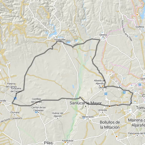 Miniatura della mappa di ispirazione al ciclismo "Gines - Olivares - Aznalcóllar - Gines" nella regione di Andalucía, Spain. Generata da Tarmacs.app, pianificatore di rotte ciclistiche