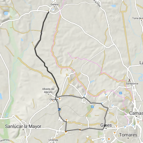 Miniatura della mappa di ispirazione al ciclismo "Gines - Salteras - Villanueva del Ariscal - Gines" nella regione di Andalucía, Spain. Generata da Tarmacs.app, pianificatore di rotte ciclistiche