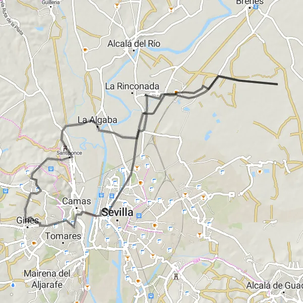 Miniaturní mapa "Cyklistická trasa Santiponce - San José de la Rinconada" inspirace pro cyklisty v oblasti Andalucía, Spain. Vytvořeno pomocí plánovače tras Tarmacs.app
