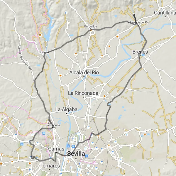 Miniatura della mappa di ispirazione al ciclismo "Gines - Camas - Gines" nella regione di Andalucía, Spain. Generata da Tarmacs.app, pianificatore di rotte ciclistiche