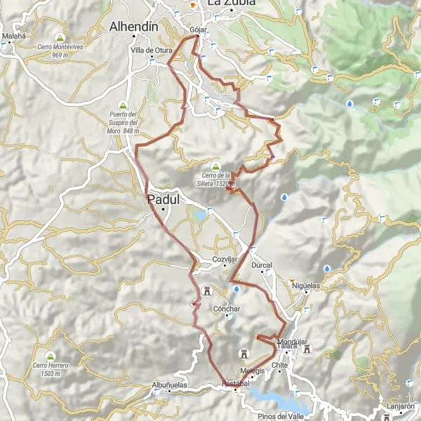 Miniaturní mapa "Gravelová dobrodružná trasa s výhledy okolo Gójaru" inspirace pro cyklisty v oblasti Andalucía, Spain. Vytvořeno pomocí plánovače tras Tarmacs.app