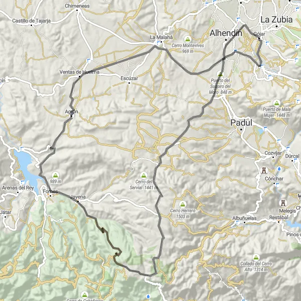 Miniature de la carte de l'inspiration cycliste "Tour des Cerros autour de Gójar" dans la Andalucía, Spain. Générée par le planificateur d'itinéraire cycliste Tarmacs.app
