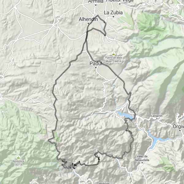 Miniatura della mappa di ispirazione al ciclismo "Ciclabile panoramica attraverso Otura e Dúrcal" nella regione di Andalucía, Spain. Generata da Tarmacs.app, pianificatore di rotte ciclistiche