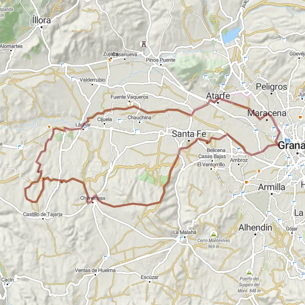 Karten-Miniaturansicht der Radinspiration "Die Santa Fe-Gravel-Tour" in Andalucía, Spain. Erstellt vom Tarmacs.app-Routenplaner für Radtouren