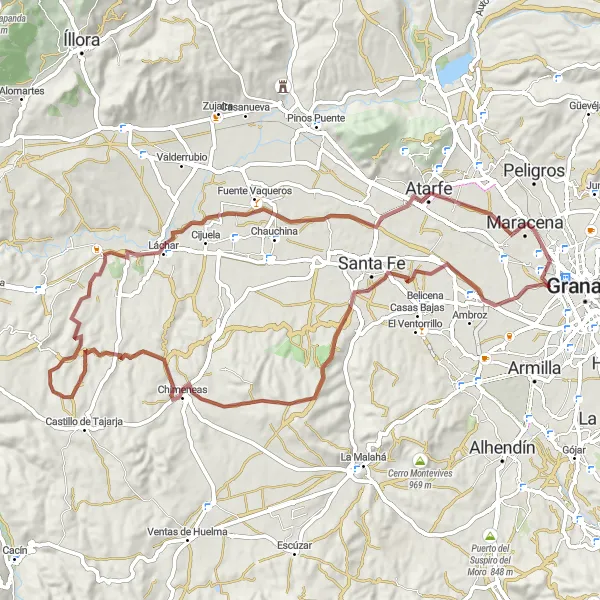 Miniatuurkaart van de fietsinspiratie "Rondreis op Gravel naar Santa Fe" in Andalucía, Spain. Gemaakt door de Tarmacs.app fietsrouteplanner