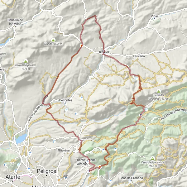 Miniaturní mapa "Cerro del Cuco a zpět" inspirace pro cyklisty v oblasti Andalucía, Spain. Vytvořeno pomocí plánovače tras Tarmacs.app