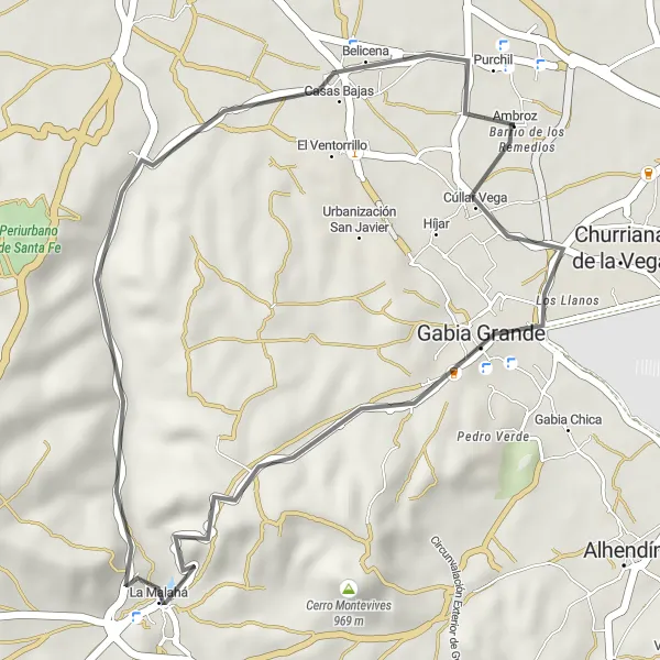 Miniaturní mapa "Okruh kolem Granady přes Cúllar Vega a Belicena" inspirace pro cyklisty v oblasti Andalucía, Spain. Vytvořeno pomocí plánovače tras Tarmacs.app