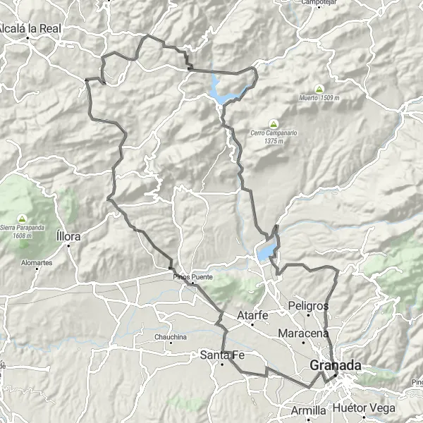 Miniaturní mapa "Okruh kolem Granady" inspirace pro cyklisty v oblasti Andalucía, Spain. Vytvořeno pomocí plánovače tras Tarmacs.app