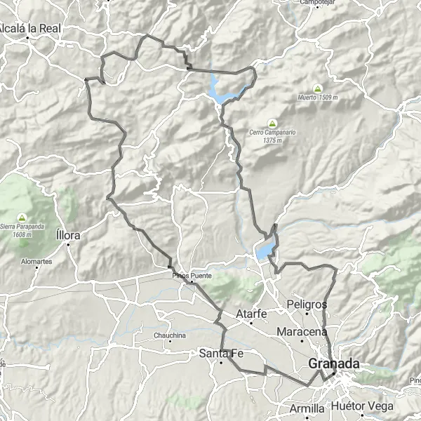 Miniatuurkaart van de fietsinspiratie "Granada - Santa Fe - Peñón de las Majadas - Pinos Puente - Puerto Lope - Cerro de Mingoandrés - Benalúa de las Villas - Puerto Guerra - Cerro Panza - El Chaparral - Pulianas - San Nicolás Uitzichtpunt" in Andalucía, Spain. Gemaakt door de Tarmacs.app fietsrouteplanner