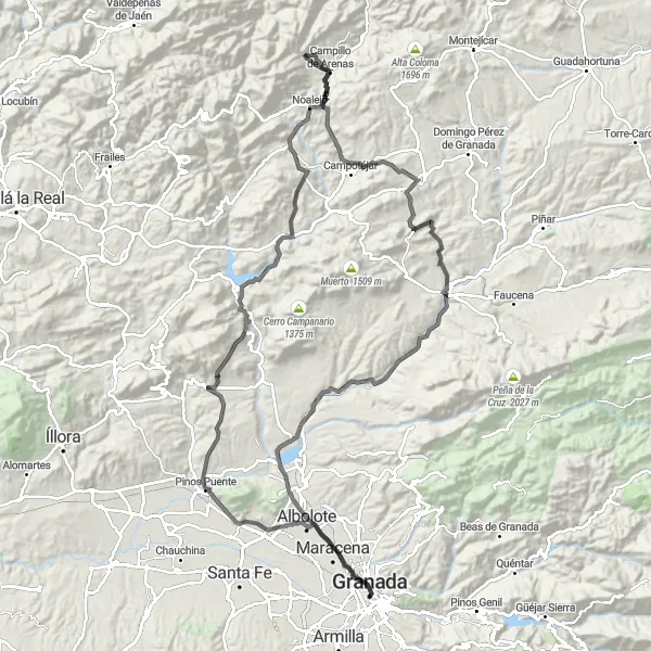 Miniatura della mappa di ispirazione al ciclismo "Giro in Bici Stradale fino a Deifontes" nella regione di Andalucía, Spain. Generata da Tarmacs.app, pianificatore di rotte ciclistiche