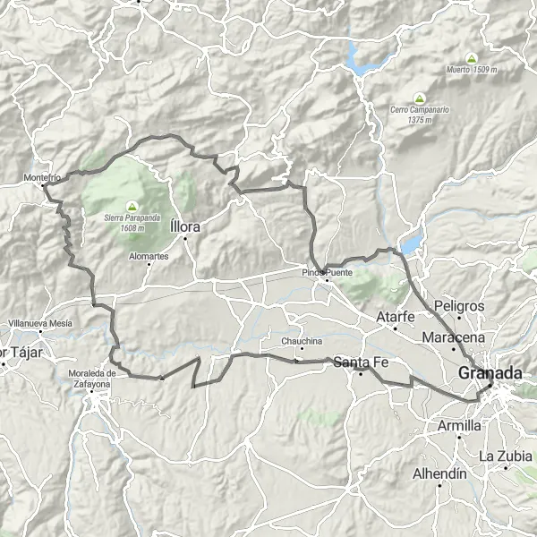 Miniatura della mappa di ispirazione al ciclismo "In sella tra Santa Fe e Pinos Puente" nella regione di Andalucía, Spain. Generata da Tarmacs.app, pianificatore di rotte ciclistiche