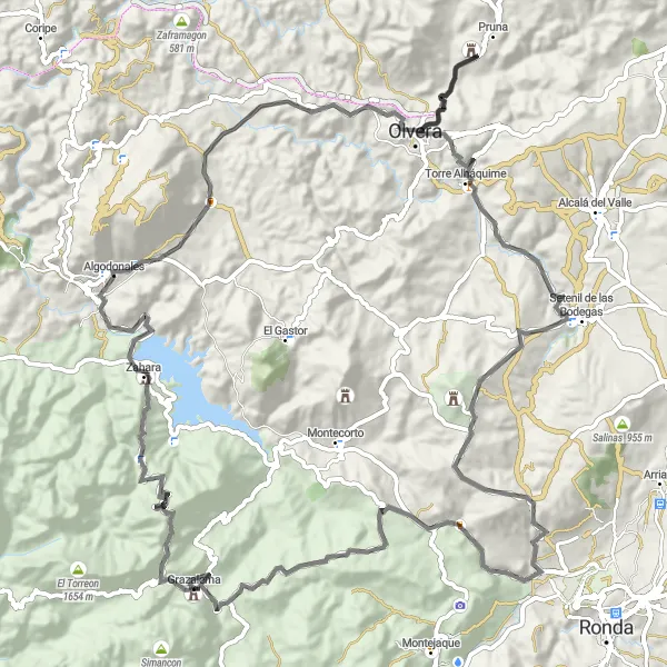 Miniature de la carte de l'inspiration cycliste "La Grande Boucle d'Olvera" dans la Andalucía, Spain. Générée par le planificateur d'itinéraire cycliste Tarmacs.app