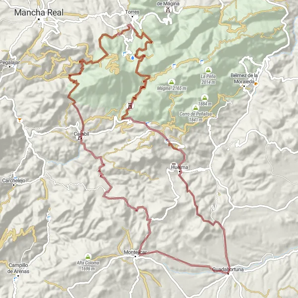 Miniature de la carte de l'inspiration cycliste "Défis cyclistes dans les montagnes de Guadahortuna" dans la Andalucía, Spain. Générée par le planificateur d'itinéraire cycliste Tarmacs.app