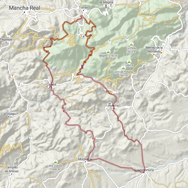 Miniatuurkaart van de fietsinspiratie "Uitdagende gravelroute langs Montejícar en Huelma" in Andalucía, Spain. Gemaakt door de Tarmacs.app fietsrouteplanner